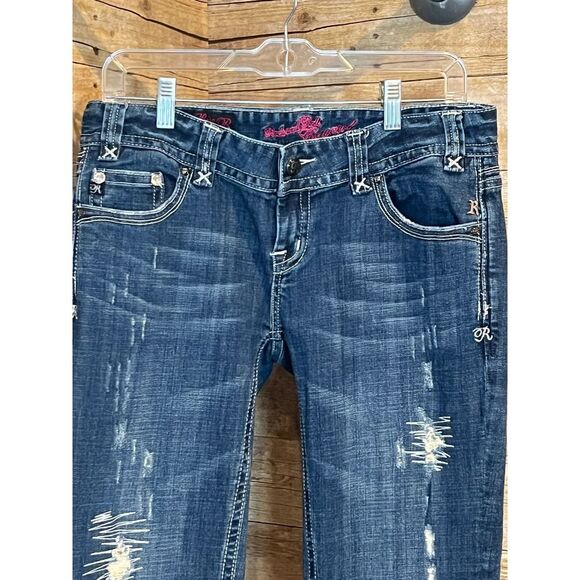 ROCK AND ROLL COWGIRL LOW RISE DISTRESSED BOOTCUT WESTERN BLING RODEO JEANS - Picture 5 of 14